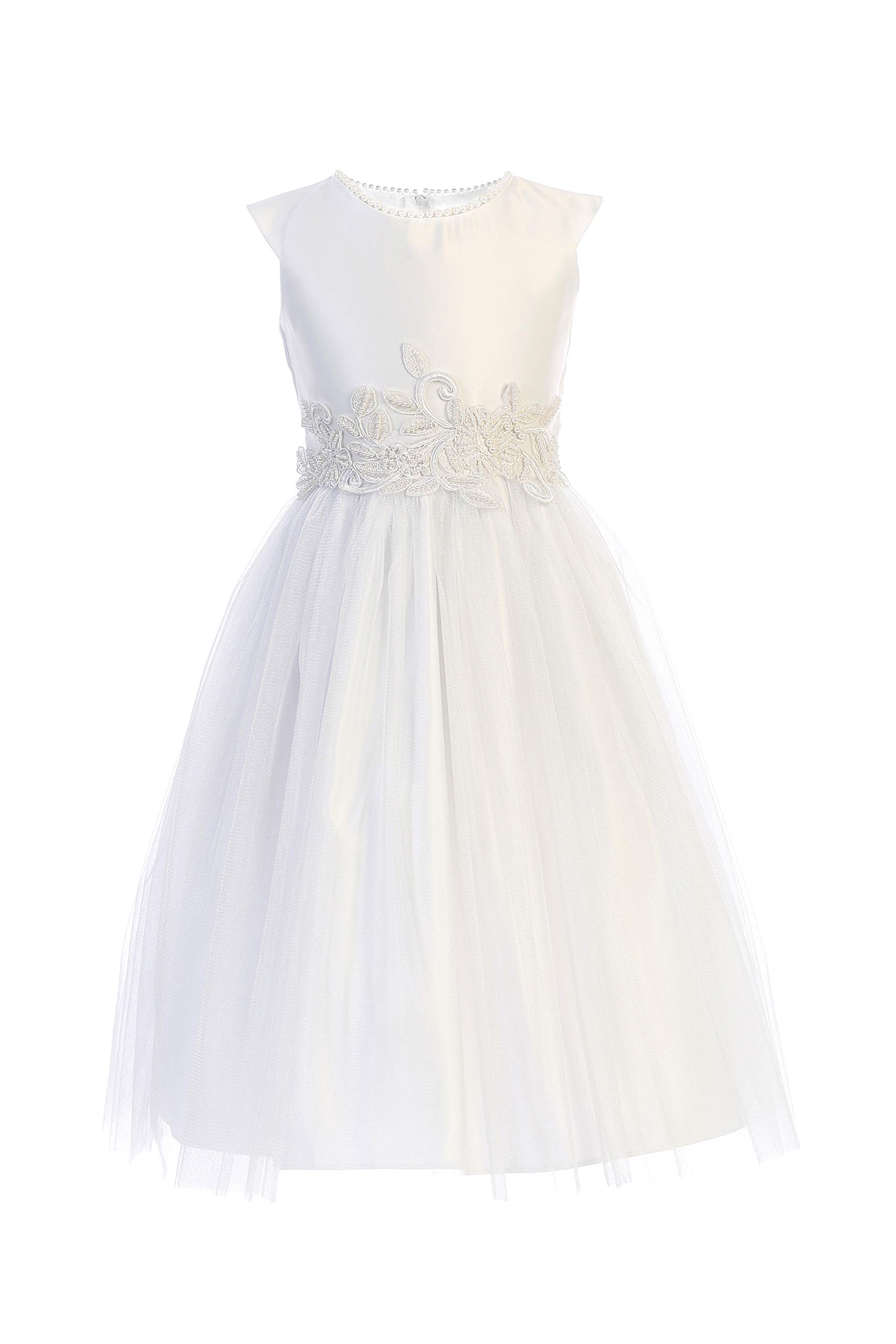 White Satin Flower Girls Baptism Dress with Pearls - First Communion, Wedding & Easter Party Gown for Toddlers & Kids (Perfect for Church Ceremonies, Special Occasions & Photo Shoots)
