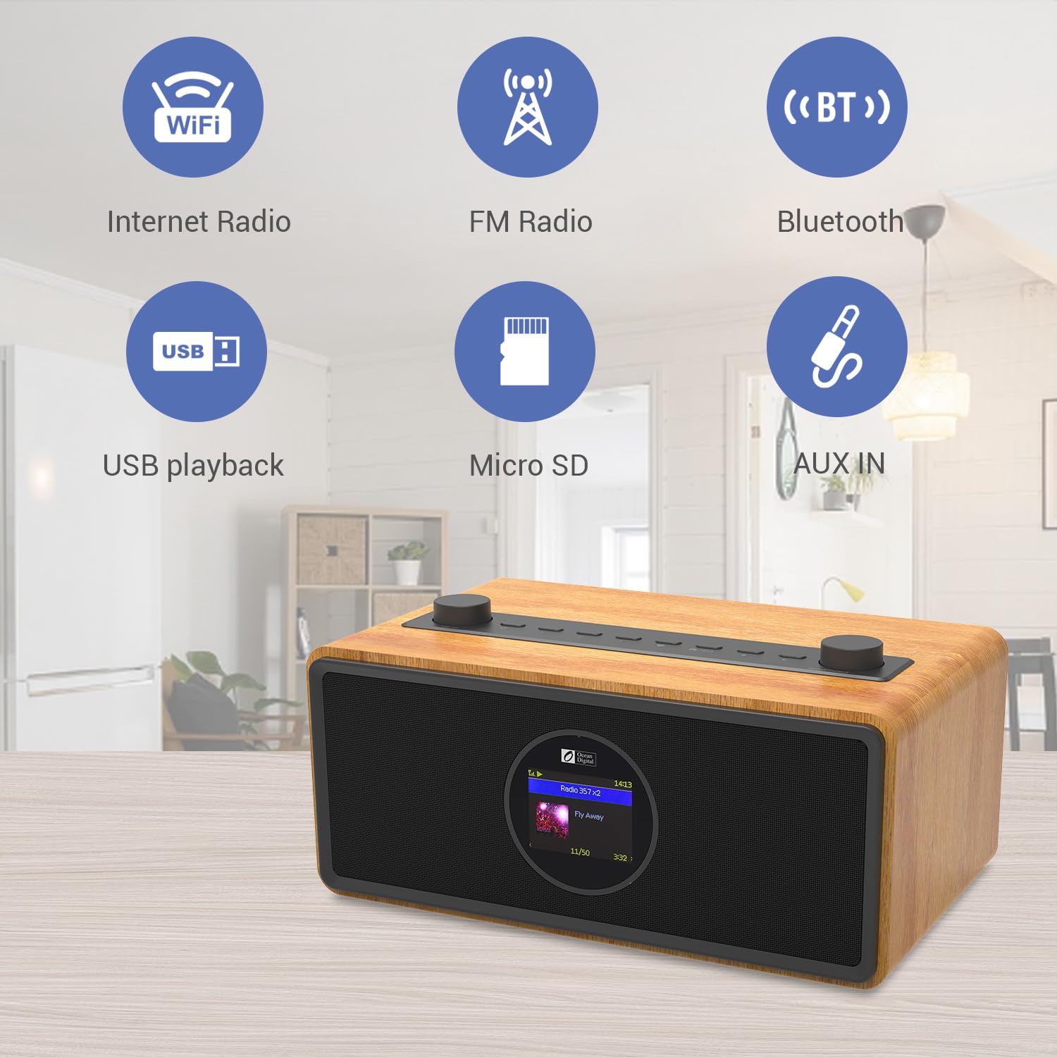 Ocean Digital WR-860 FM/Wi-Fi Internet Radio with Stereo Speakers - Alarm Clock, Sleep Timer, Aux Input & Line Out - 2.4