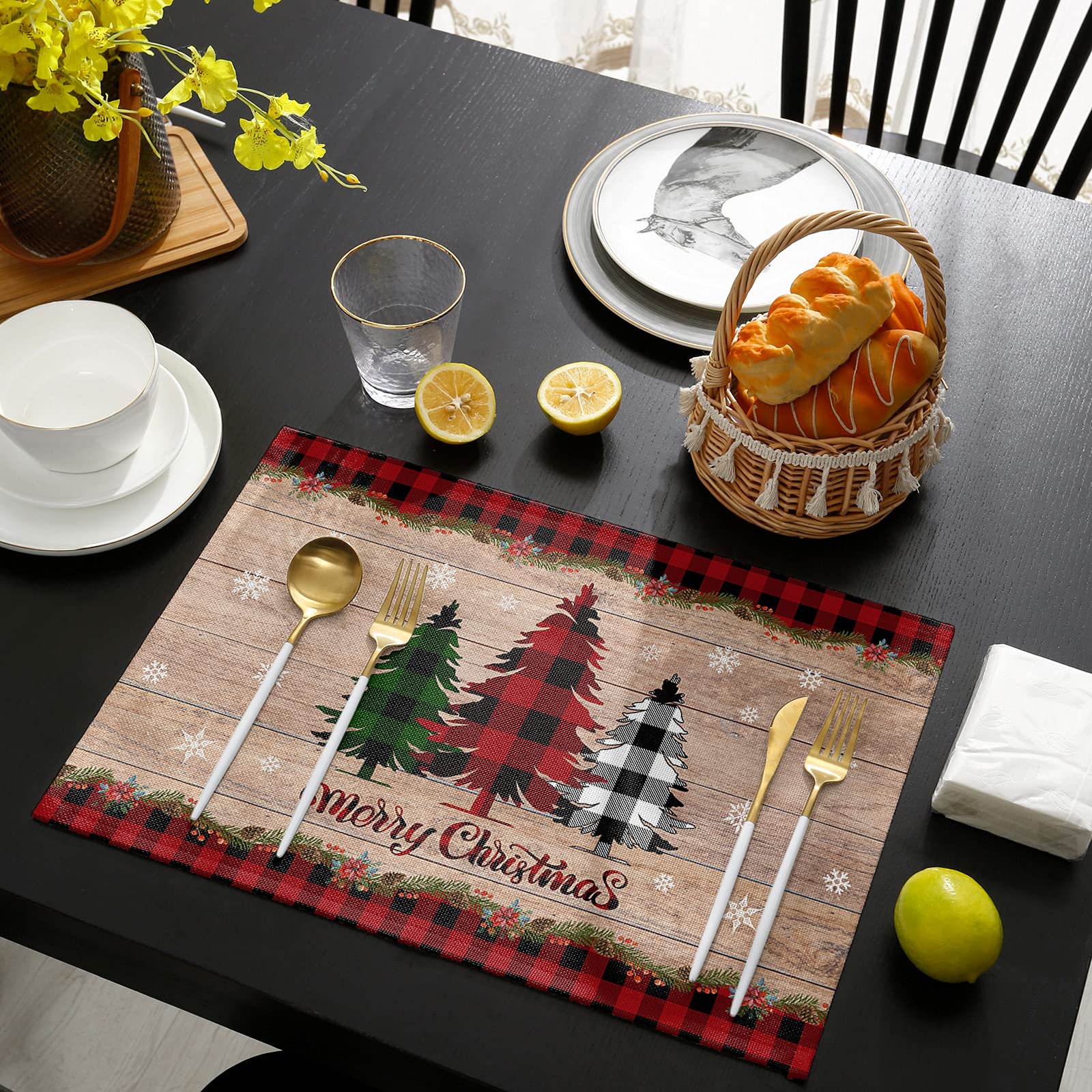 Festive Buffalo Plaid Christmas Tree Placemats - Set of 4, Snowflake Design Thermal Insulated Non-Slip Table Mats for Holiday Dining Decor, Washable Wood Grain Kitchen Table Mats - Perfect for Christmas Dinner, Winter Parties & Cozy Family Gatherings