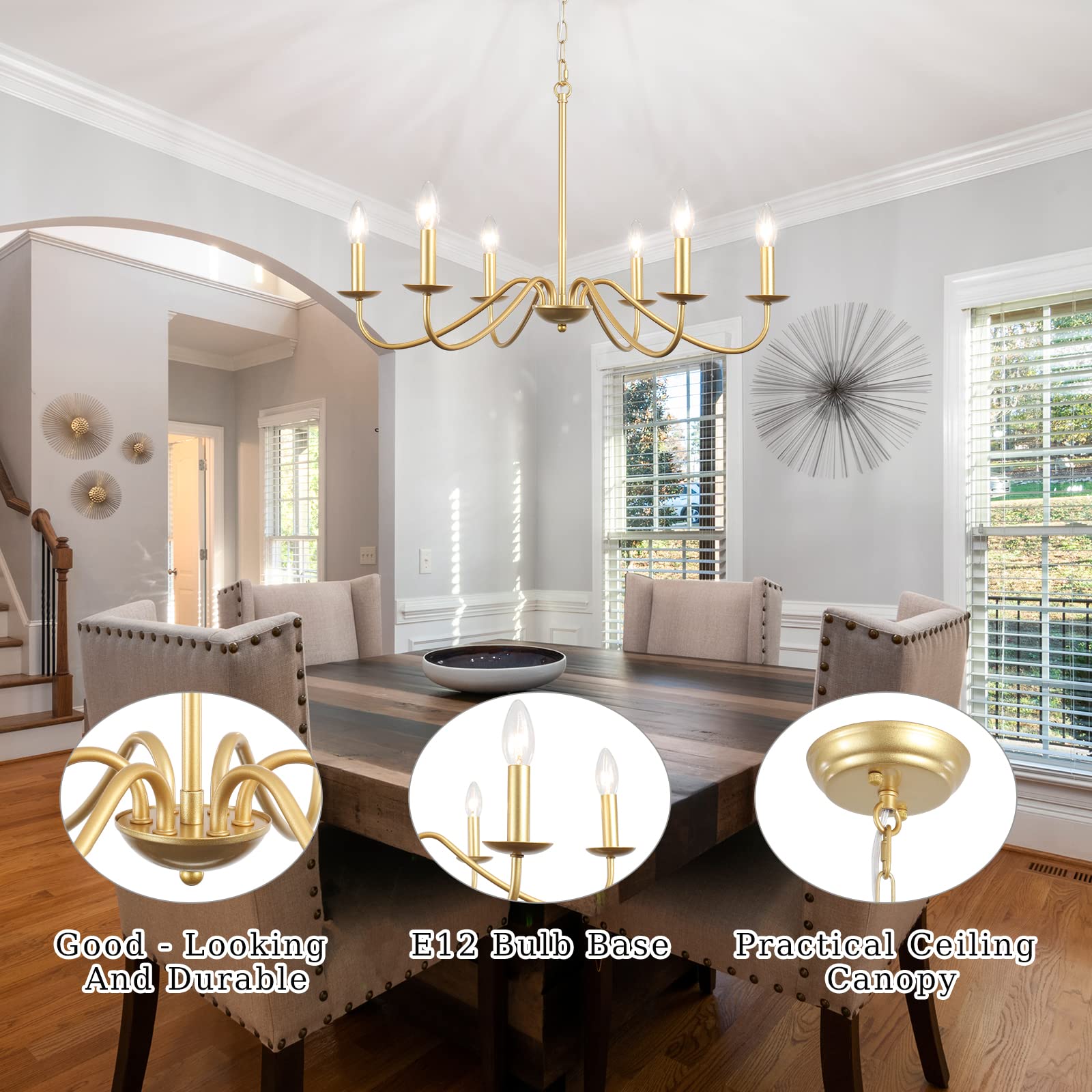 6-Light Modern Farmhouse Gold Chandelier - Candle Style Industrial Pendant Lighting Fixture for Dining Room, Bedroom, Kitchen, Foyer & Living Room | Elegant Ceiling Light for Home Decor & Special Occasions