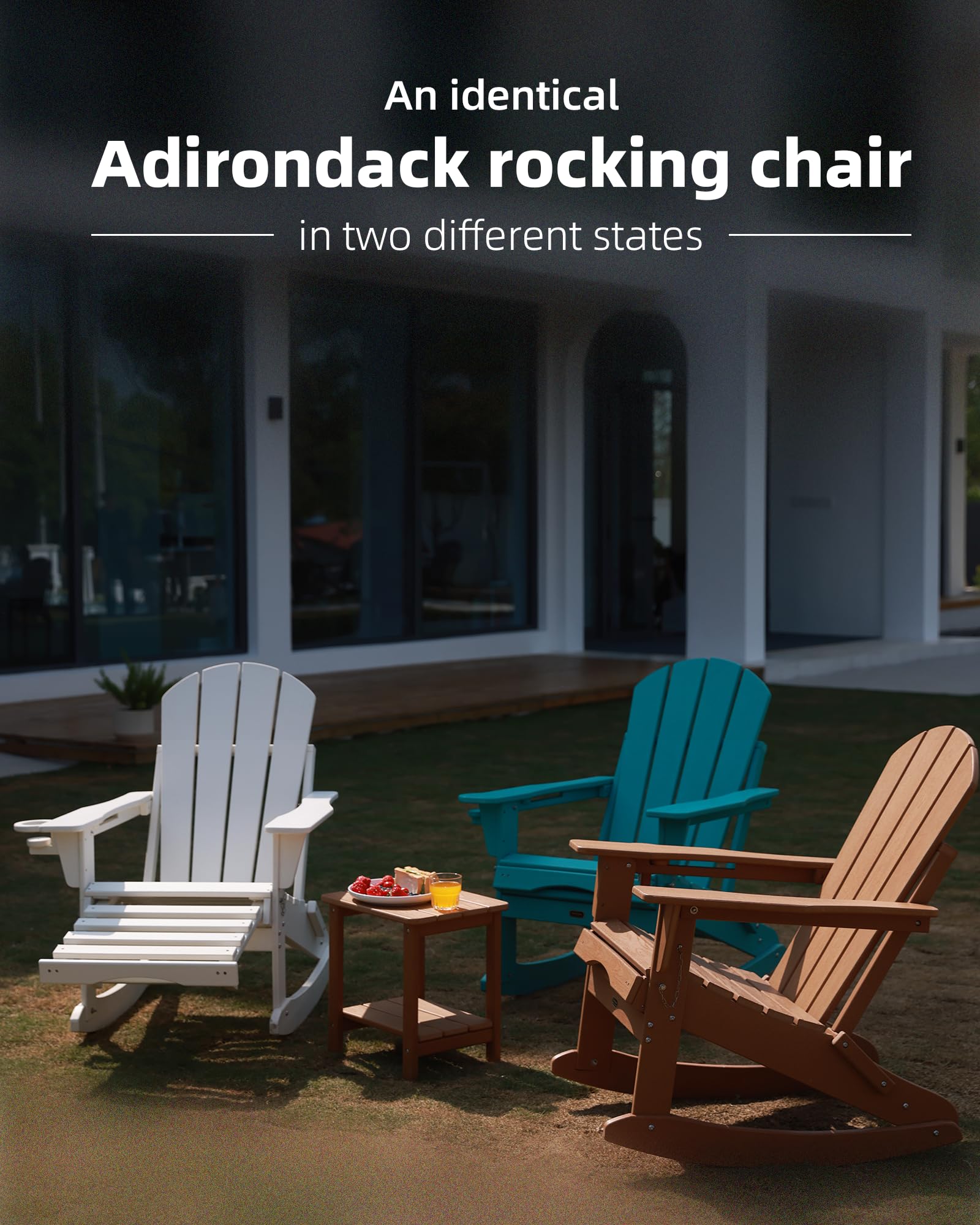 4-in-1 Folding Adirondack Rocking Chair with Ottoman - Patio, Lawn & Outdoor Chair in Wood Texture - Perfect for Porch, Backyard, Poolside & Garden Relaxation (Black)