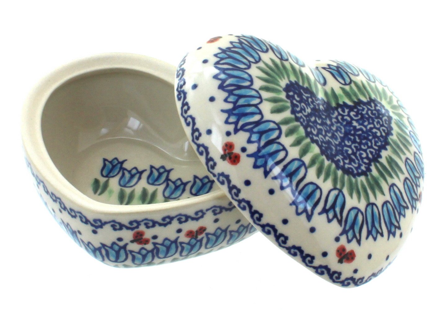 Handmade Blue Rose Polish Pottery Heart Box - Large Tulip Garden Decor for Home, Wedding, Gift & Collectible