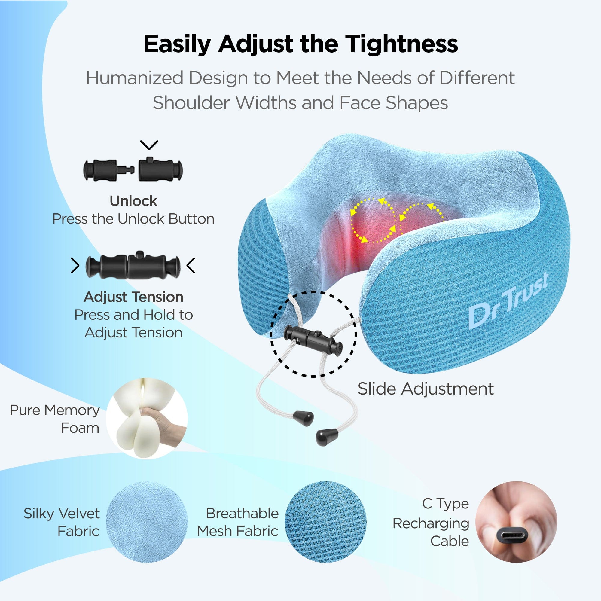 Dr Trust USA Cloudwalker Rechargeable Memory Foam Neck Pillow with Massage & Heat - Travel Pillow for Airplane, Train & Car - Pain Relief & Comfort Support for Sleeping While Traveling - Perfect for Long Flights, Road Trips & Commuting