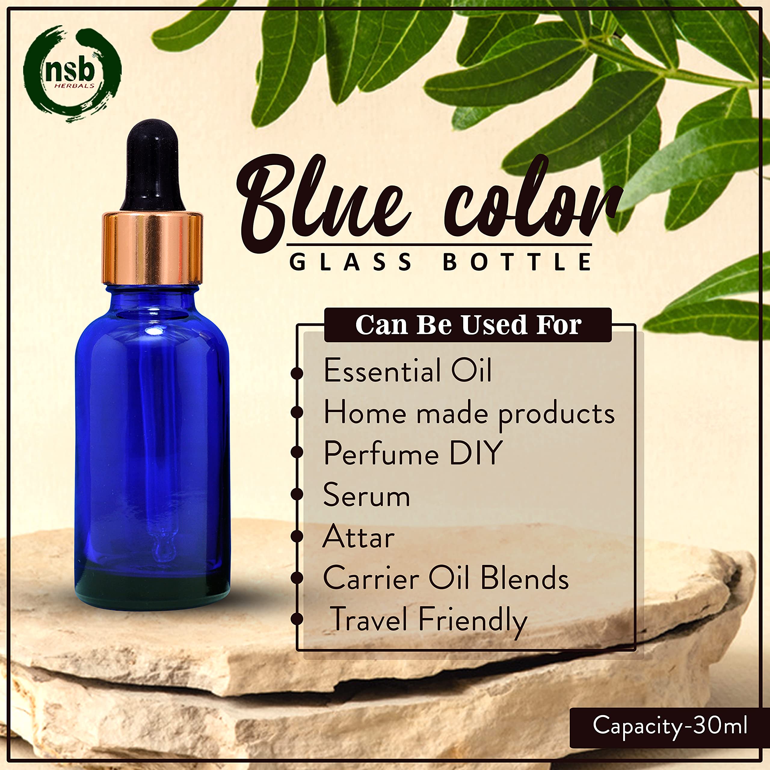 NSB Herbals 30ml Blue Round Empty Glass Bottle with Glass Dropper, Gold Ring & Black Silicone Teat - Refillable, Reusable, Leakproof Essential Oil Bottles for Aromatherapy, Perfume Making & DIY Beauty (Pack of 3)