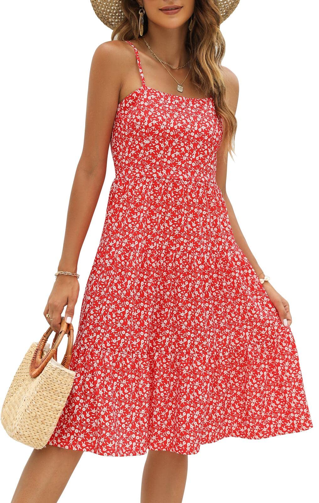 Berydress Women's Summer Spaghetti Strap Tiered Midi Dress - Flowy Ruffle Cotton Casual Sundress for Wedding Guest, Beach Vacation & Outdoor Date Night