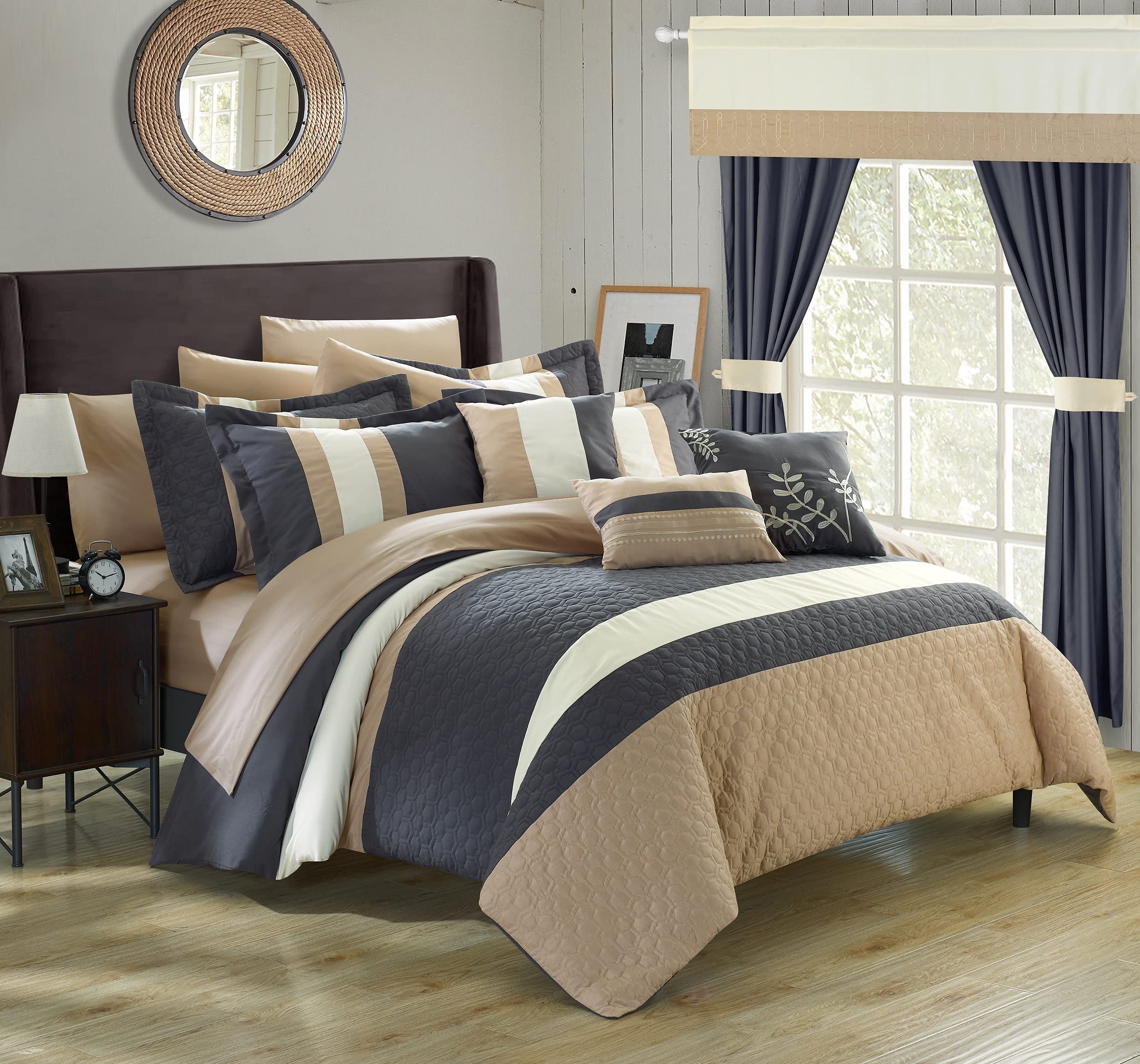 Chic Home Covington 24-Piece King Size Comforter Set with Embroidered Bedding, Sheets & Curtains - Grey Luxury Bed in a Bag for Master Bedroom & Guest Room Decor