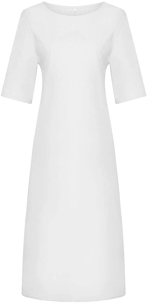 Women's Cotton Linen Maxi Dress - Summer Plus Size Short Sleeve Crew Neck Loose Kaftan Dress with Pockets | Beach Cover Up, Casual Outfit & Vacation Wear