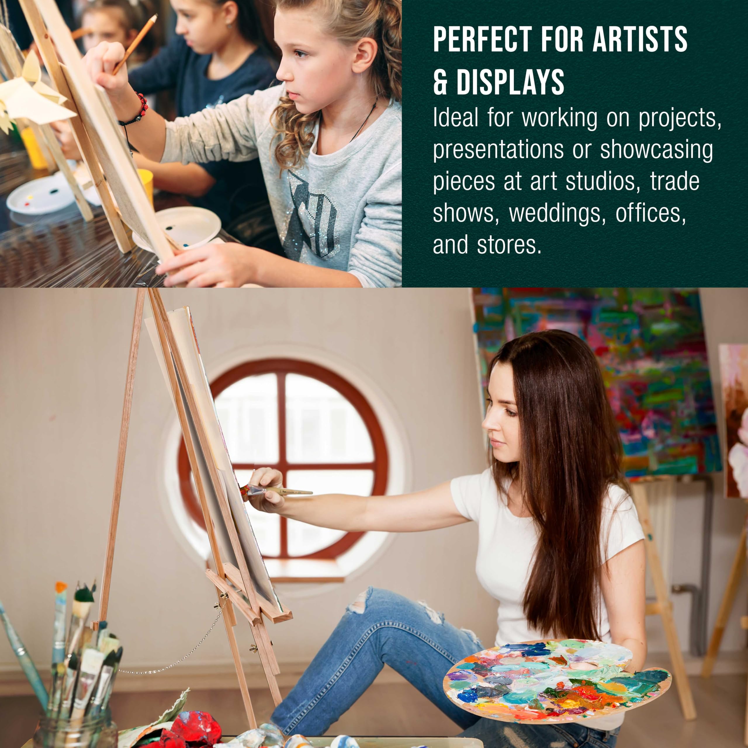 U.S. Art Supply 4-Pack 64 Inch Adjustable Wooden Easel Stand Tripods - A-Frame Display for Painting, Drawing, Canvas, Photos & Signs - Lightweight Pinewood Studio Easel with Adjustable Tray (40 Inch Canvas Capacity) - Perfect for Artists, Classrooms & Home Studios