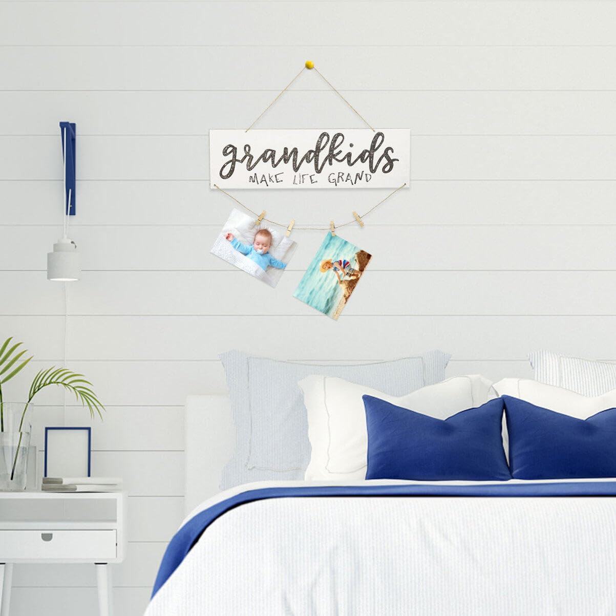Garneck Mini Wooden Hanging Photo Frame - DIY Picture Display Board with Wooden Clips & Beaded Ropes for Grandparents, Home Decor (White) | Perfect for Living Room Walls, Nursery Decor & Family Gift Ideas