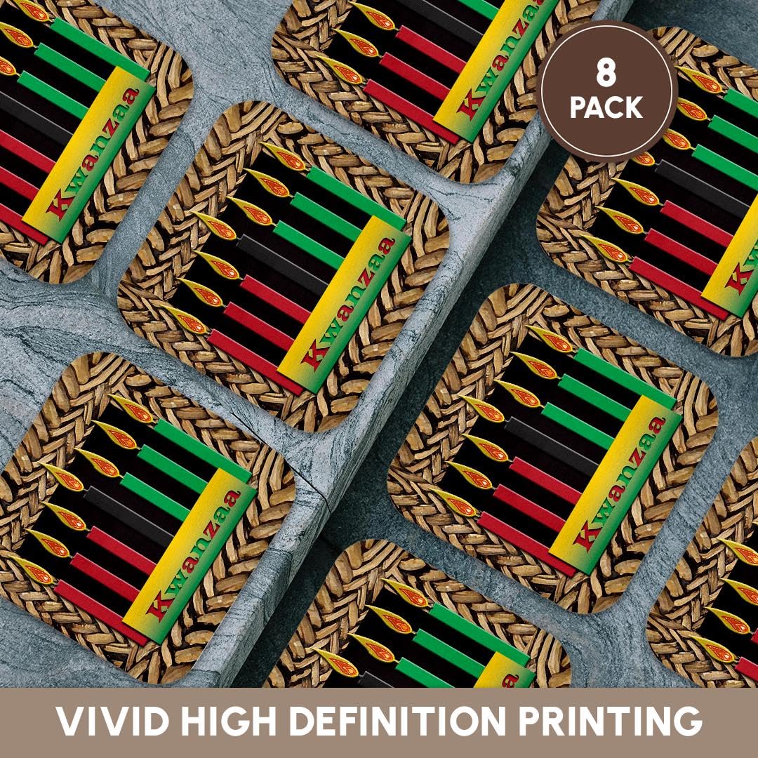 3D Rose Kwanzaa Candles Soft Coasters Set of 8 - Holiday Drink Coasters for Christmas, Hanukkah & African American Celebrations - Perfect for Dining Table, Coffee Table & Party Decor
