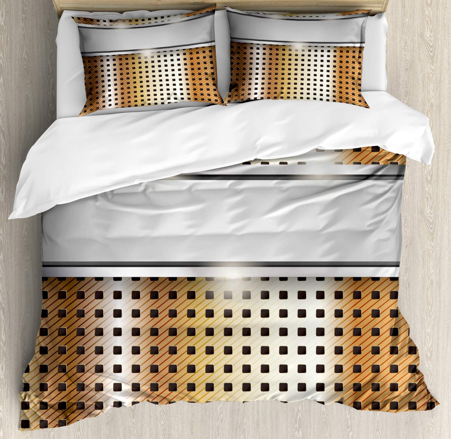 Ambesonne Modern Duvet Cover Set - Queen Size 2-Pack with 2 Duvet Covers & 4 Pillowcases | High-Tech Mechanical Grey Band Print in Grey, Yellow & Pale Orange | Soft Bedding for Contemporary Bedrooms, Guest Rooms & Dorm Decor