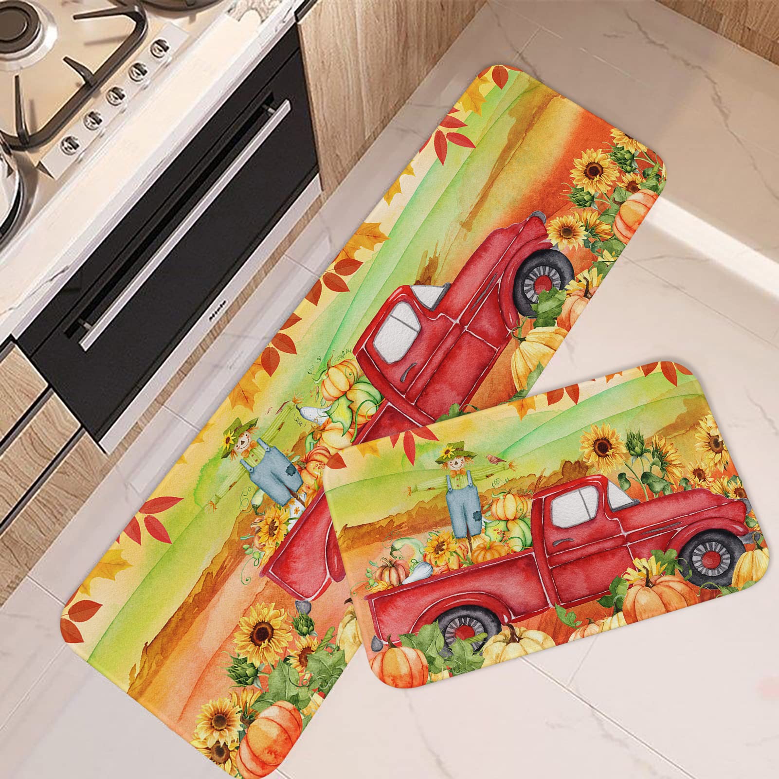 ArtSocket Non-Slip Washable Kitchen Rugs Set of 2 - Harvest Pumpkins Truck Design, Fall Thanksgiving Kitchen Runner & Under Sink Mat, Waterproof Floor Rug for Entryway, Laundry Room & High-Traffic Areas