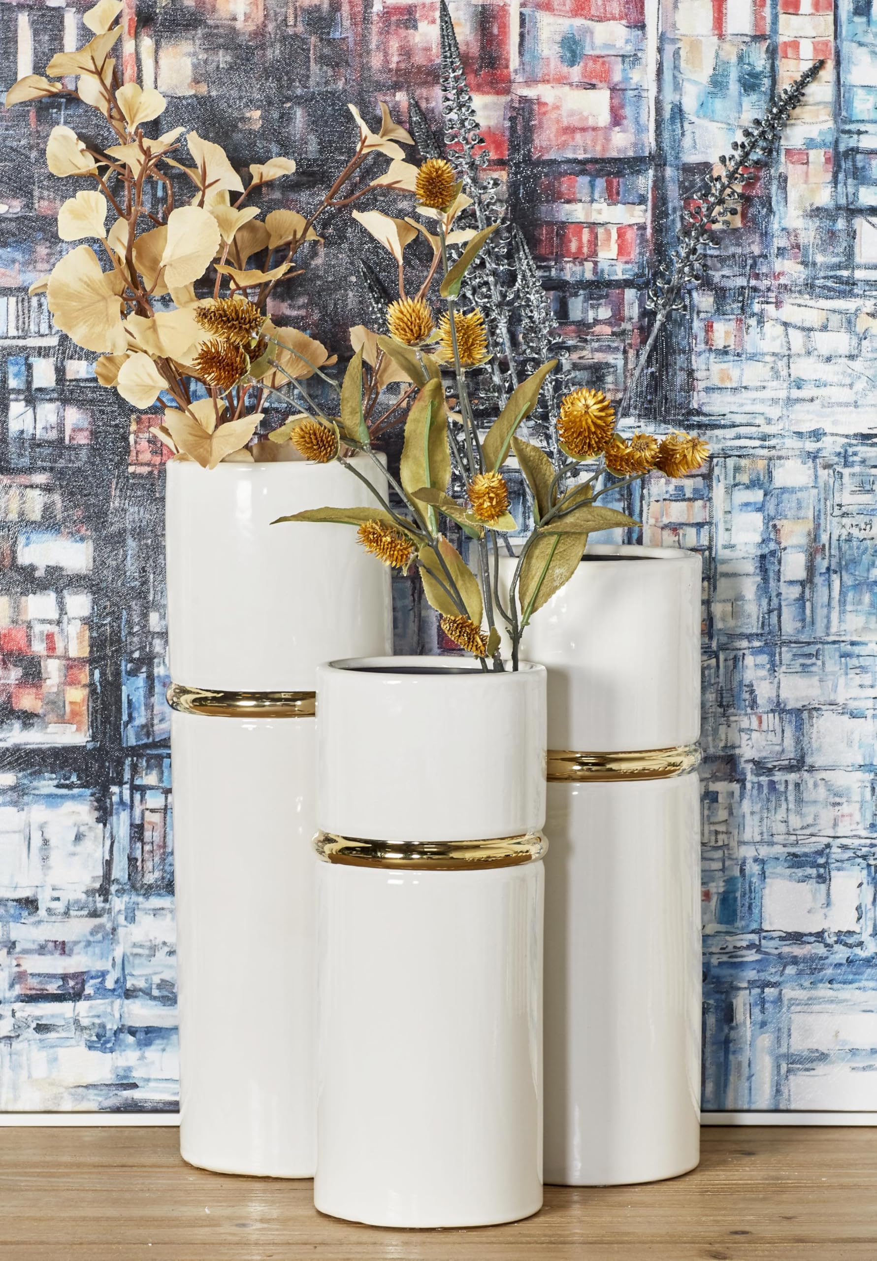 Deco 79 Set of 3 White Ceramic Vases with Gold Accents - 12