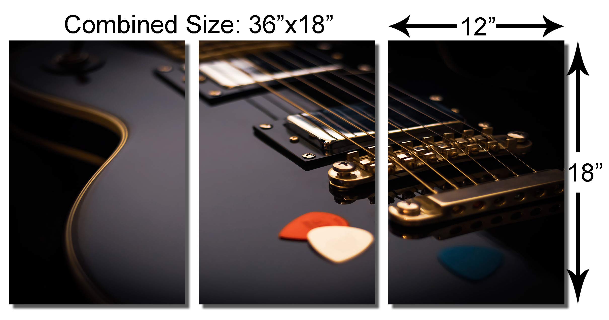 36 x 18 Inch Black Electric Guitar Metal Wall Art - 3 Panel Triptych HD Aluminum Print for Home & Office Decor | Perfect for Music Lovers, Man Cave, Studio & Living Room