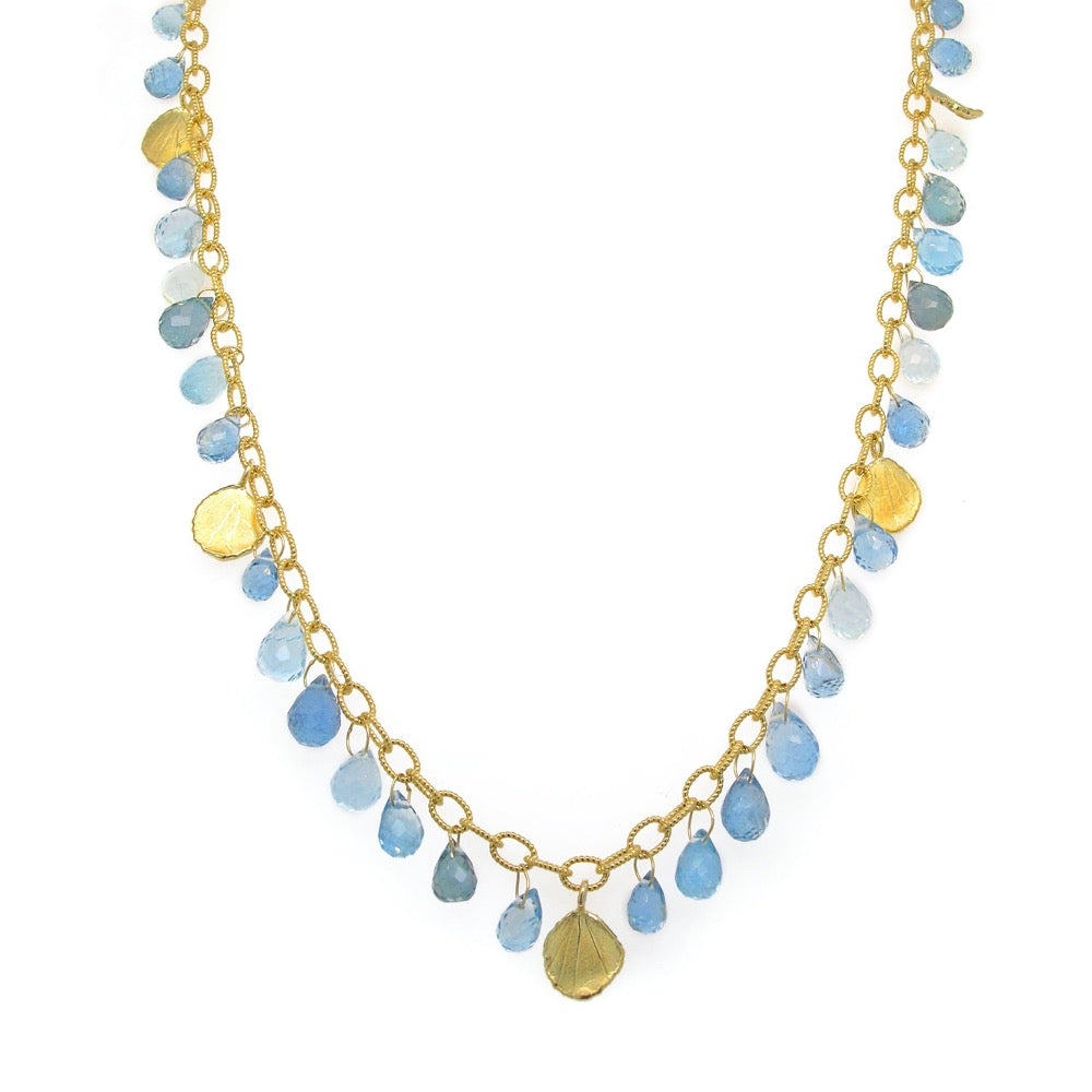 Elegant Aquamarine Briolette & Floral Petal Necklace | Dainty Gemstone Jewelry for Women | Perfect for Weddings, Anniversaries & Special Occasions