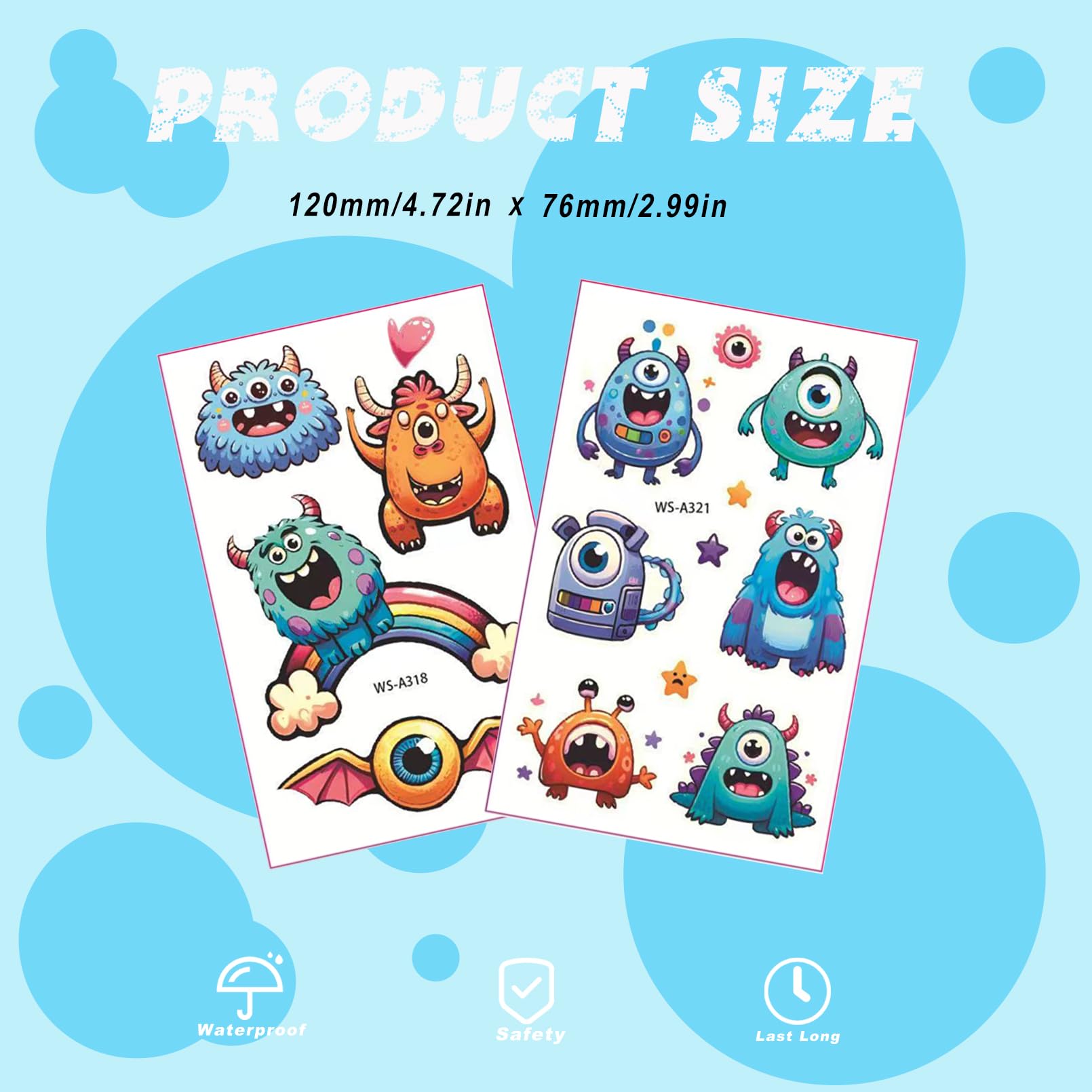 Monster Temporary Tattoos for Kids - 12 Sheets Waterproof Stickers for Birthday Parties & School Prizes