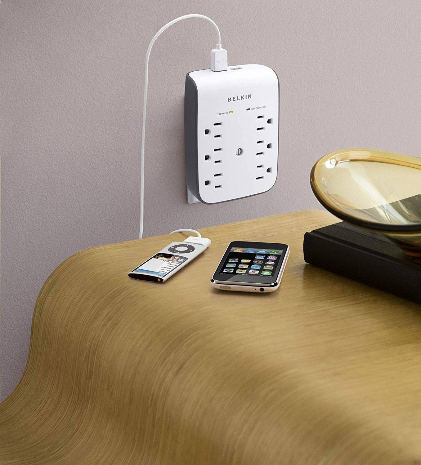 Belkin SurgePlus 6-Outlet Wall Mount Surge Protector with Dual USB Ports (2.1A/10W) - BSV602tt - Perfect for Home Office, Bedroom & Electronics Protection