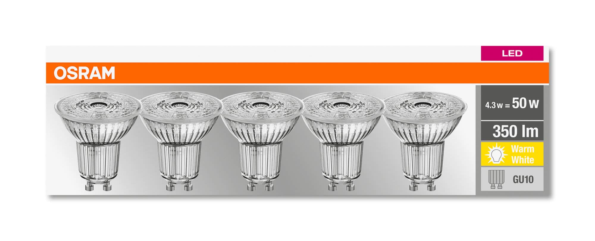 OSRAM GU10 LED Reflector Bulb - 5W Warm White 2700K, Dimmable & Energy Efficient - Perfect for Home Lighting, Kitchen Spotlights & Retail Display
