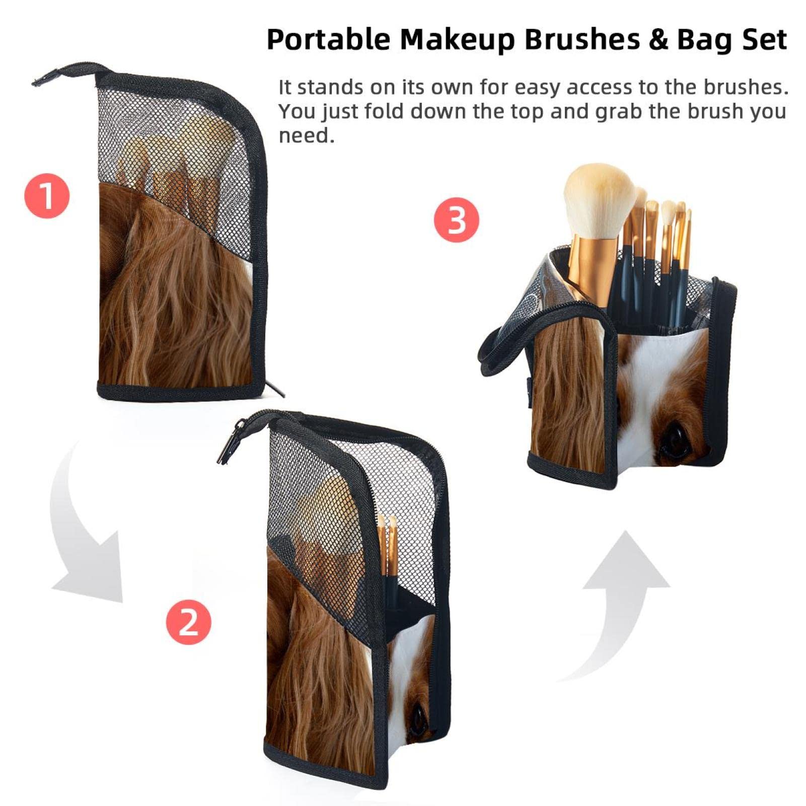 Premium 12-Piece Makeup Brush Organizer Bag - Portable Travel Brush Holder Case with Cavalier King Charles Spaniel Design | Perfect for Home Storage & On-the-Go Beauty Essentials