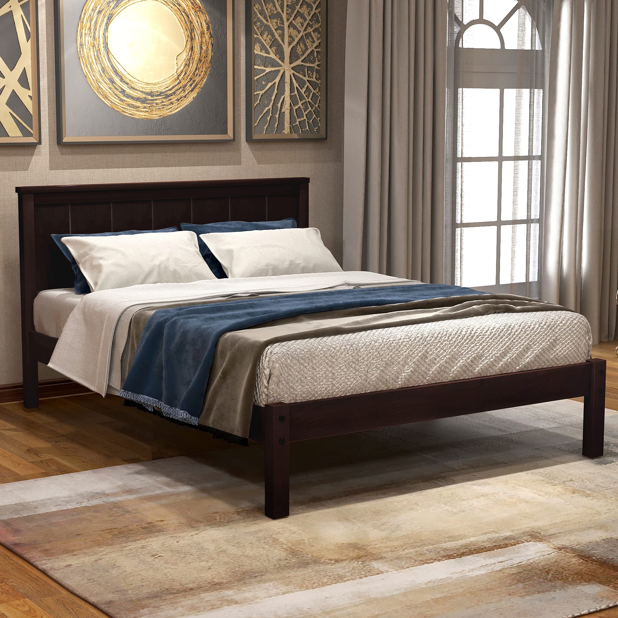 Premium Solid Wood Platform Bed Frame with Headboard - Twin Size Espresso Finish - Sturdy Wooden Slat Support (No Box Spring Needed) - Perfect for Small Bedrooms, Guest Rooms & Dormitories