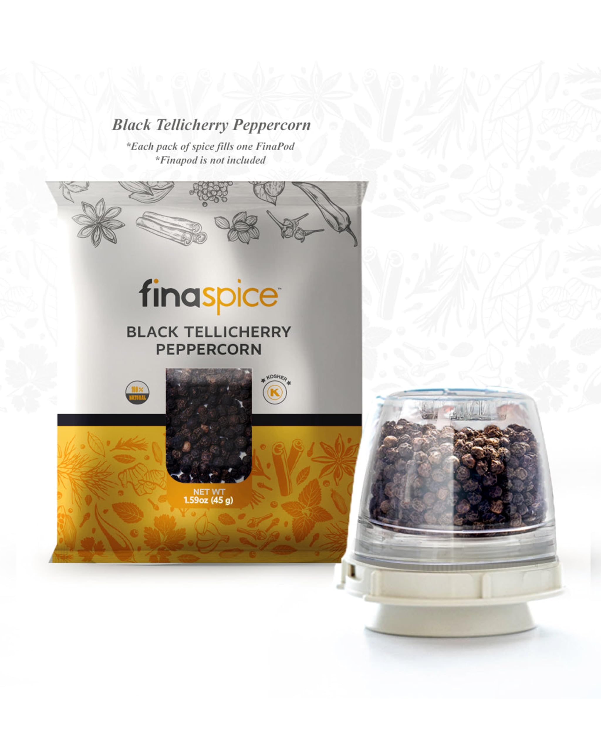 Premium Black Tellicherry Peppercorns - 100% Natural Kosher Grinder Refill for FinaSpice & PRO Plus Pod | Gourmet Cooking Spices for Steak, Pasta & Salad Seasoning