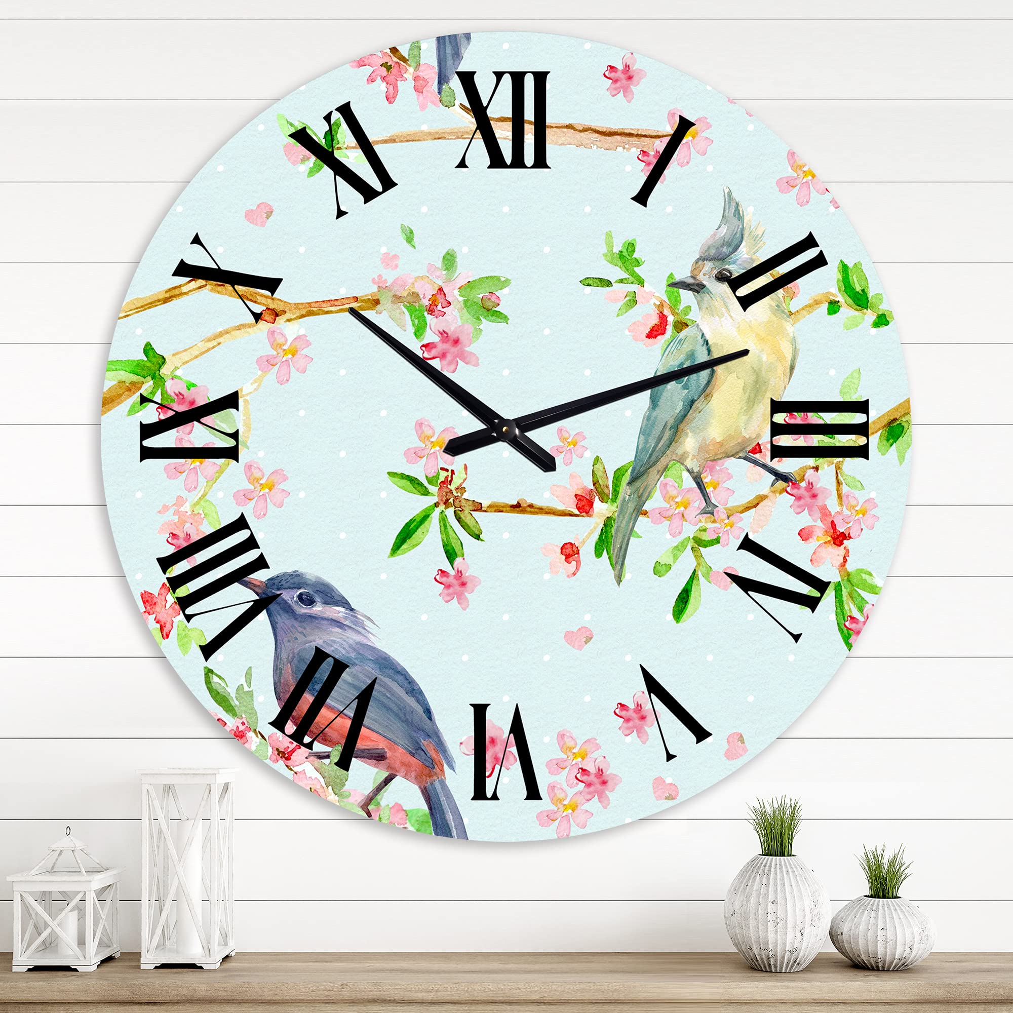 DesignQ Traditional Blue Flowers and Birds Wall Clock - Large Decorative Clock for Bedroom, Living Room, Office | Silent Non-Ticking Home Décor