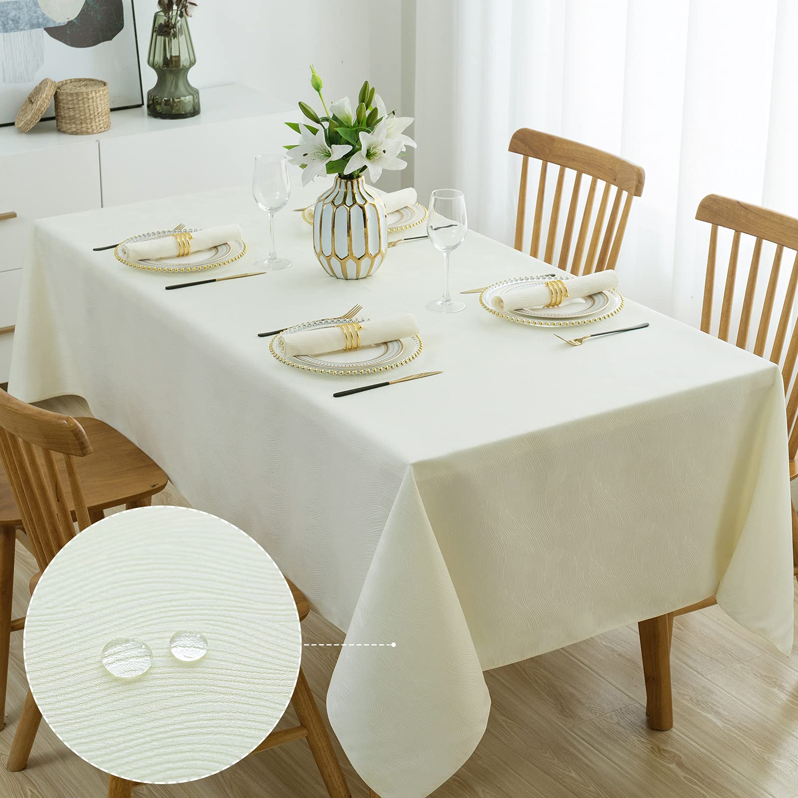 Waterproof Jacquard Tablecloth 60x102 Inch Ivory - Elegant Rectangle Dining Table Cover for Wedding, Birthday Party, Coffee Shop & Outdoor Events - Wrinkle & Stain Resistant Fabric Tablecloth for Home & Restaurant Use