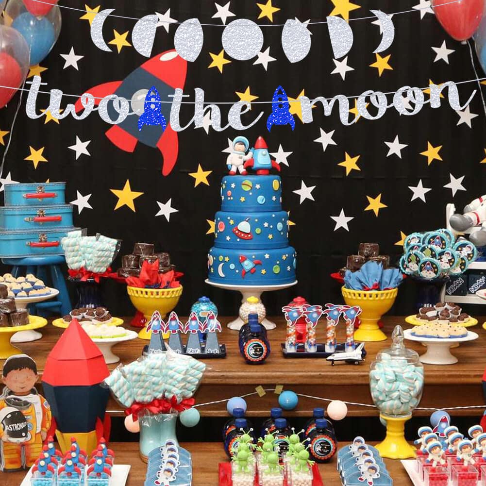 Two the Moon Birthday Decorations - Silver Glitter Party Banner for Outer Space, Galaxy, Astronaut & Space Man Theme | Perfect for Baby Boy's 2nd Birthday Party, Robot UFO Themed Celebrations & Cosmic Nursery Decor