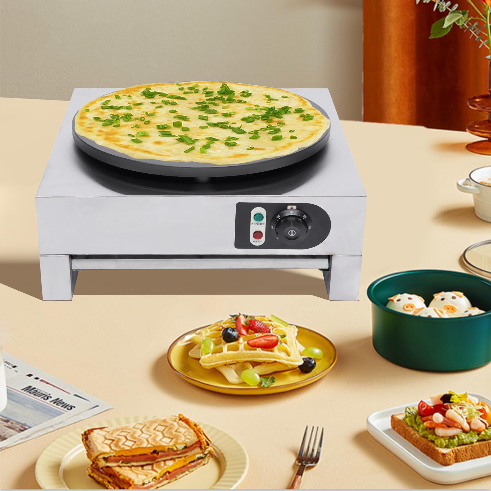 3KW Commercial Electric Crepe Maker - 16 Inch Nonstick Pancake Machine with Stainless Steel Shell - Perfect for Restaurants, Cafes, and Breakfast Catering Businesses