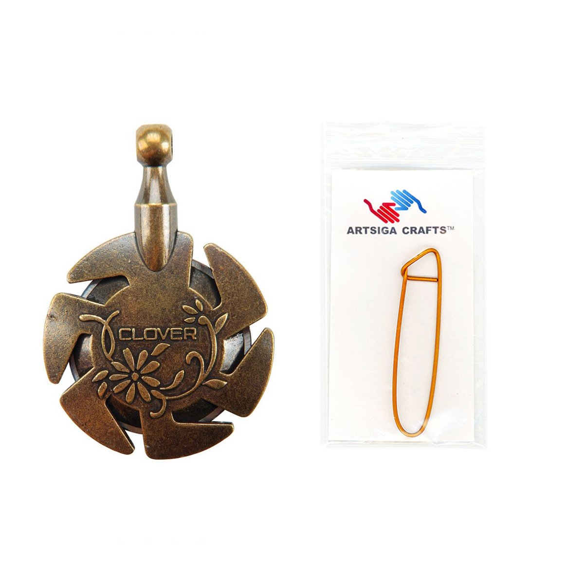 Clover Needlecraft Yarn Cutter Pendant - Antique Gold 3105 with Stitch Holder - Scissors-Free Knitting & Crochet Accessory for Crafters & DIY Enthusiasts - Perfect for Travel, Home & On-The-Go Projects