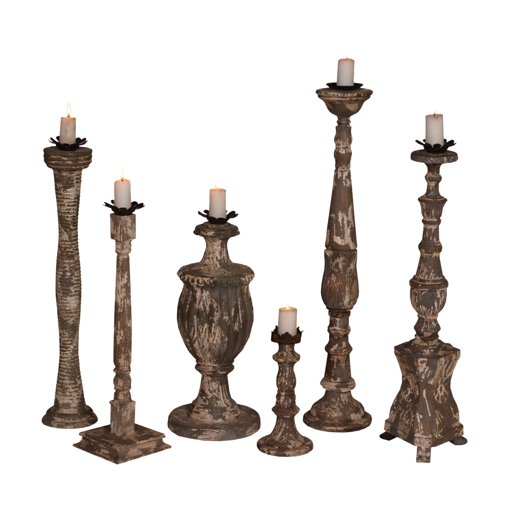 ELK Set of 6 Hand-Carved Wooden Candle Holders - Rustic Potting Shed Gris Candle Sticks for Farmhouse Decor, Wedding Centerpieces & Holiday Tablescapes