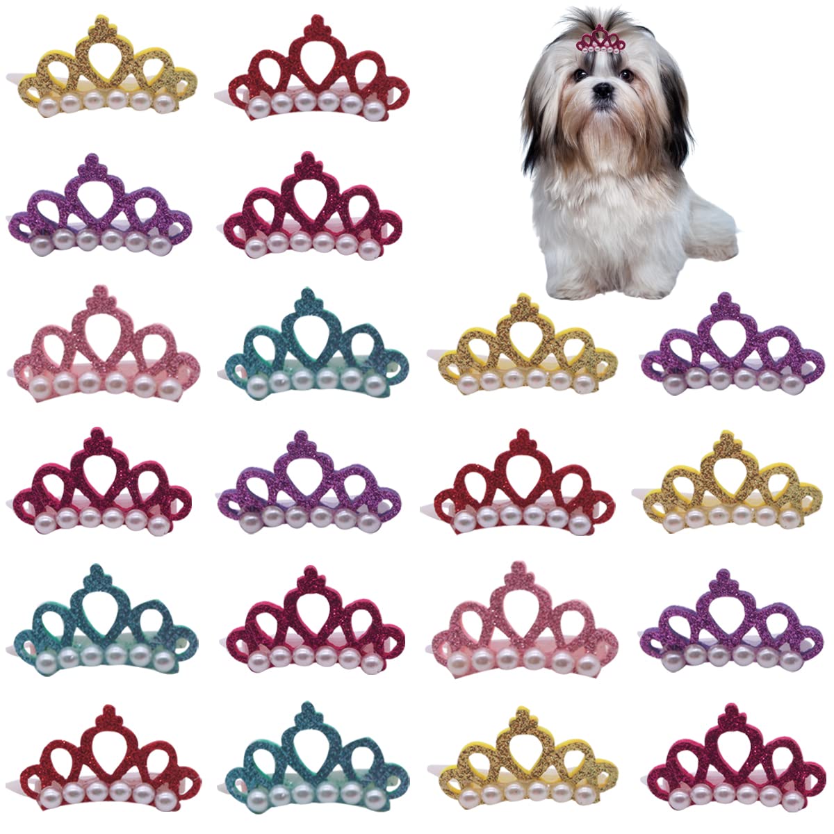 Wepetyo 20 PCS Mixed Color Pet Crown Hair Clips - Cute Princess Hairpins for Cat & Dog Grooming - Perfect for Long & Medium Hair - Great for Pet Parties, Photo Shoots & Daily Styling
