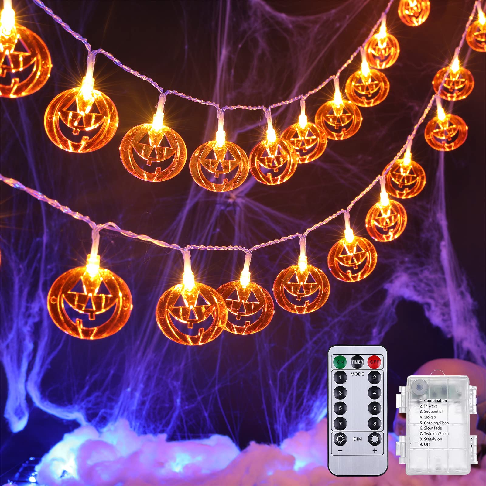 20 LED Battery Operated Halloween Pumpkin String Lights with Remote - 8 Modes Waterproof Indoor/Outdoor Decor for Party, Terrace, Fireplace (4 Pack) - Perfect for Halloween Decorations, Garden Lighting & Holiday Parties