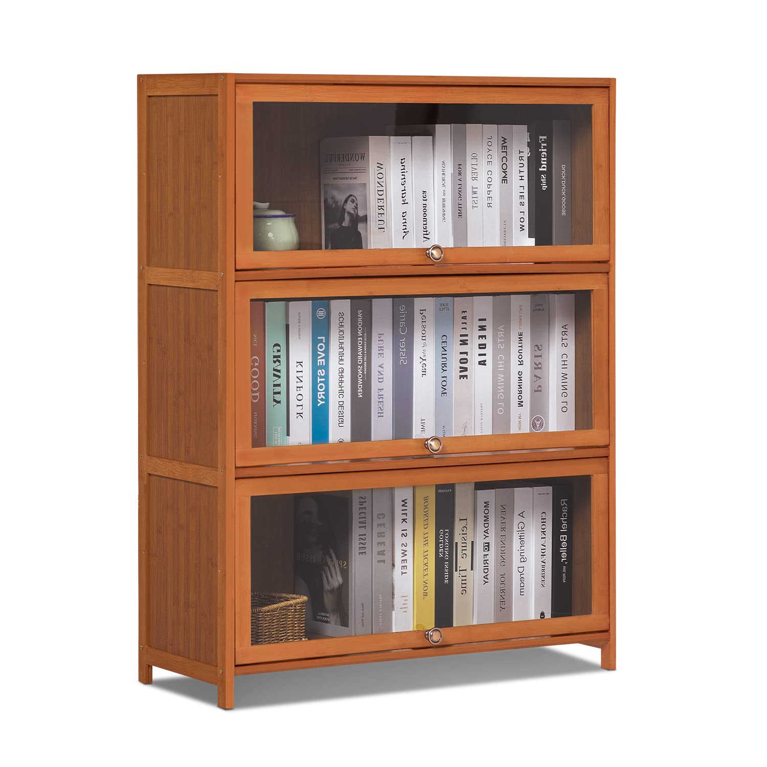 MoNiBloom 3-Tier Bamboo Bookshelf with Acrylic Doors - Freestanding Bookcase Storage Stand for Living Room, Office, Bedroom - Natural Brown | Perfect for Organizing Books, Decor & Essentials in Home & Workspaces