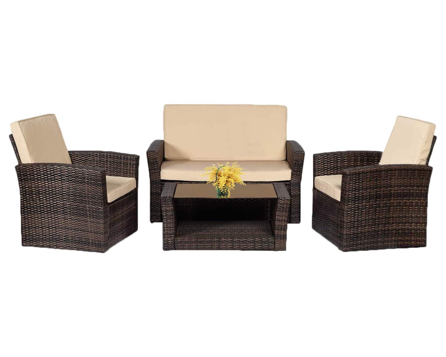 4-Piece Outdoor Patio Furniture Set - Rattan Wicker Sectional Sofa Conversation Set with Coffee Table for Backyard, Porch, Poolside, Balcony & Garden (Brown) - Perfect for Relaxing, Entertaining & Outdoor Gatherings