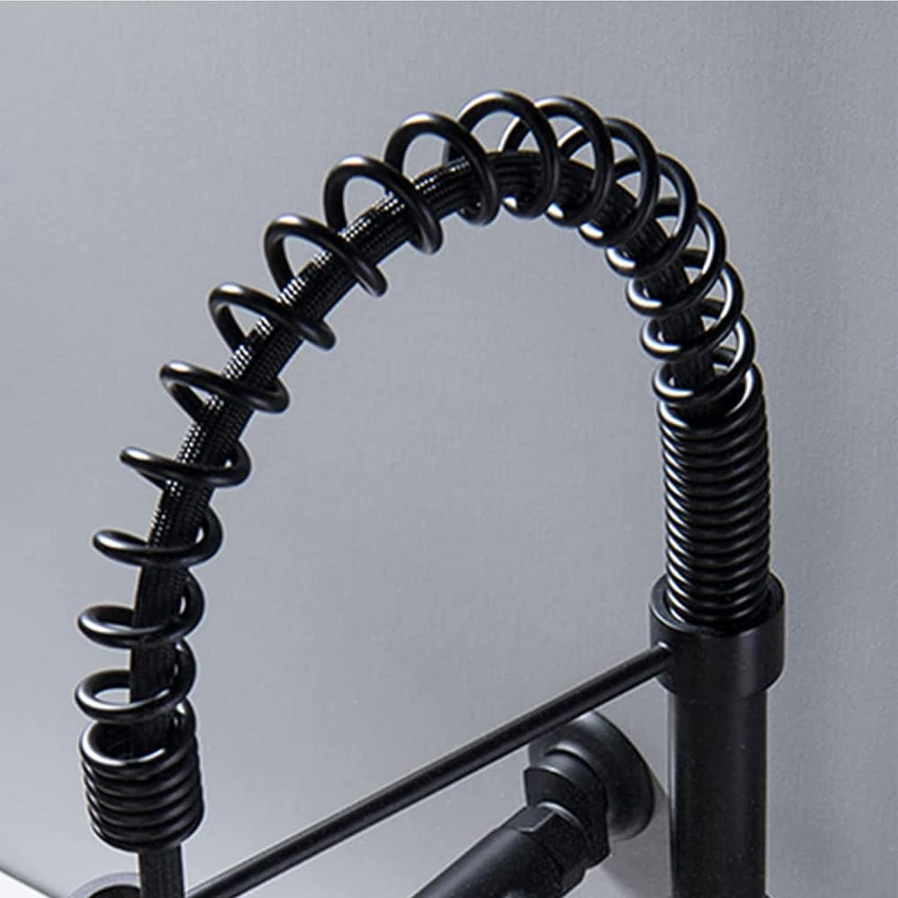 **BIVVI 8-Inch Wall Mount Kitchen Faucet with Pull Down Sprayer, Double Handle Mixer Tap, 360° Swivel Spring Design - Matte Black for Modern Farmhouse & Industrial Style Kitchens**