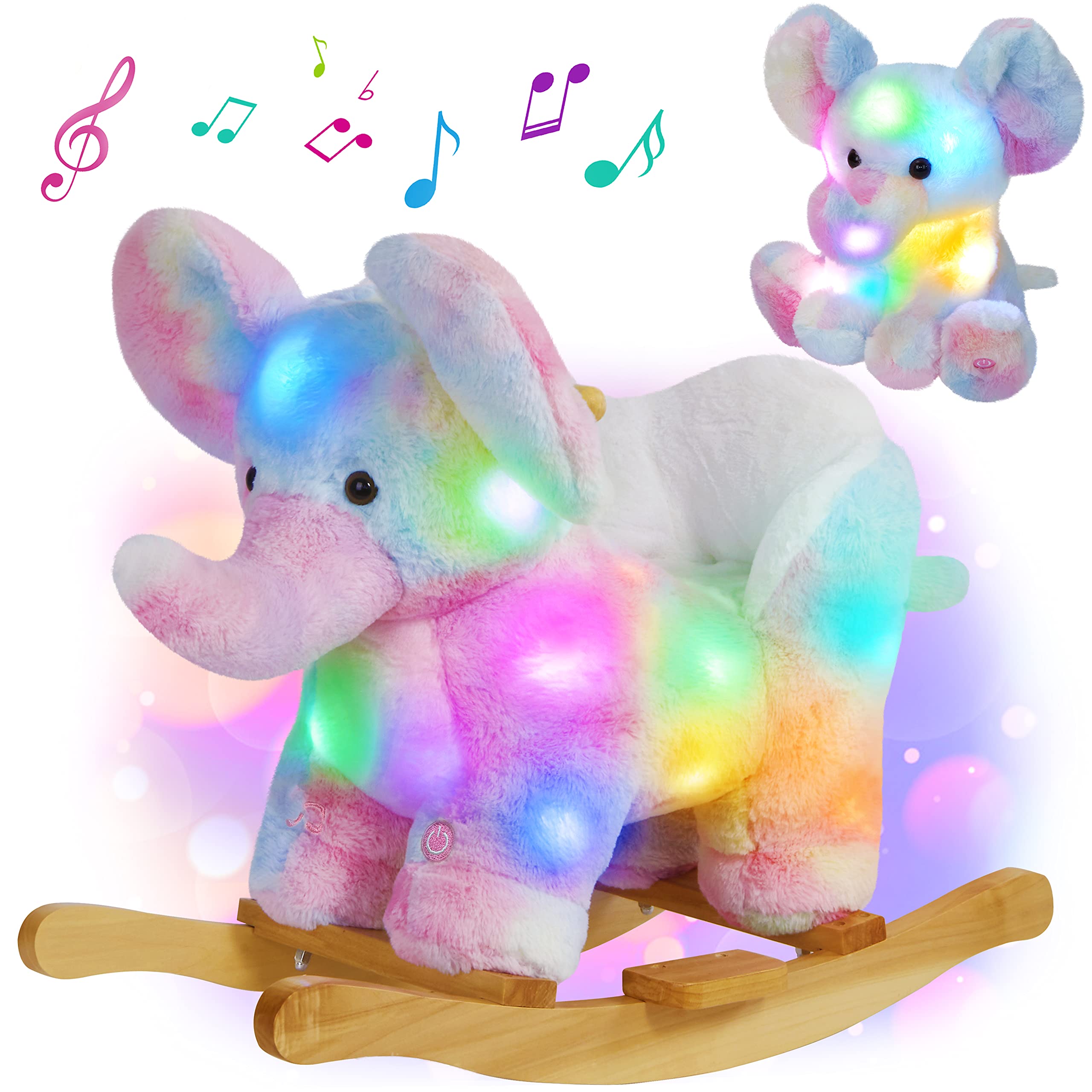 Glow Guards Light Up Musical Elephant Baby Rocking Horse & Rainbow Plush Toy Set - Wooden Rocking Chair for Toddlers Girls & Boys Ages 1-3 - Perfect for Nursery Decor, Birthday Gifts & Early Childhood Development Playtime