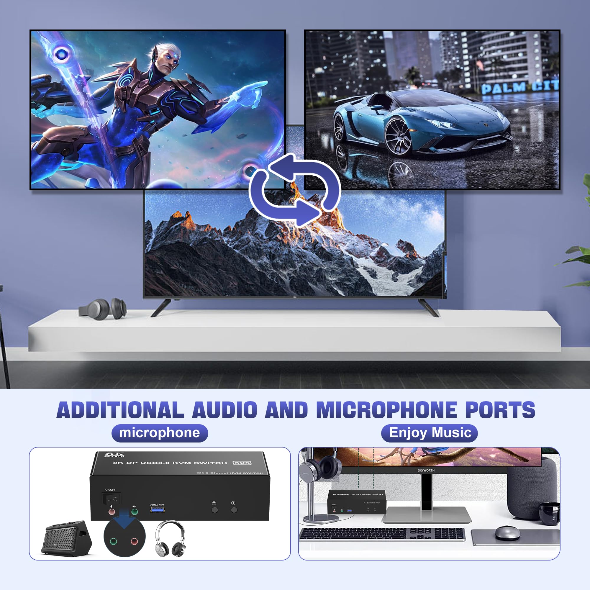 Clickfish 8K DisplayPort KVM Switch with USB 3.0 | Triple Monitor Support for 2 Computers | Manual Push Button Operation | Black | Perfect for Home Office, Gaming Setup & Multi-Device Workstations