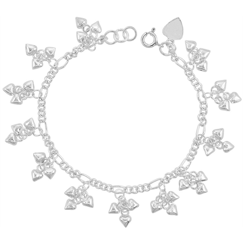 Sterling Silver Dangling Teeny Heart Clusters Anklet for Women - 15mm Drop Adjustable 9-10 Inch Ankle Bracelet - Perfect for Valentine's Day, Anniversary Gifts & Everyday Elegance