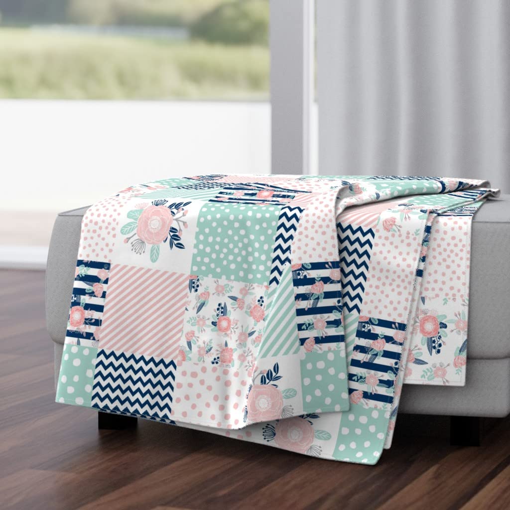 Soft Plush Minky Throw Blanket 50x70 Inches - Wholecloth Quilt Style in Pink, Mint & Blue Floral Print | Perfect for Baby Girls Nursery, Bedroom Decor & Cozy Gift