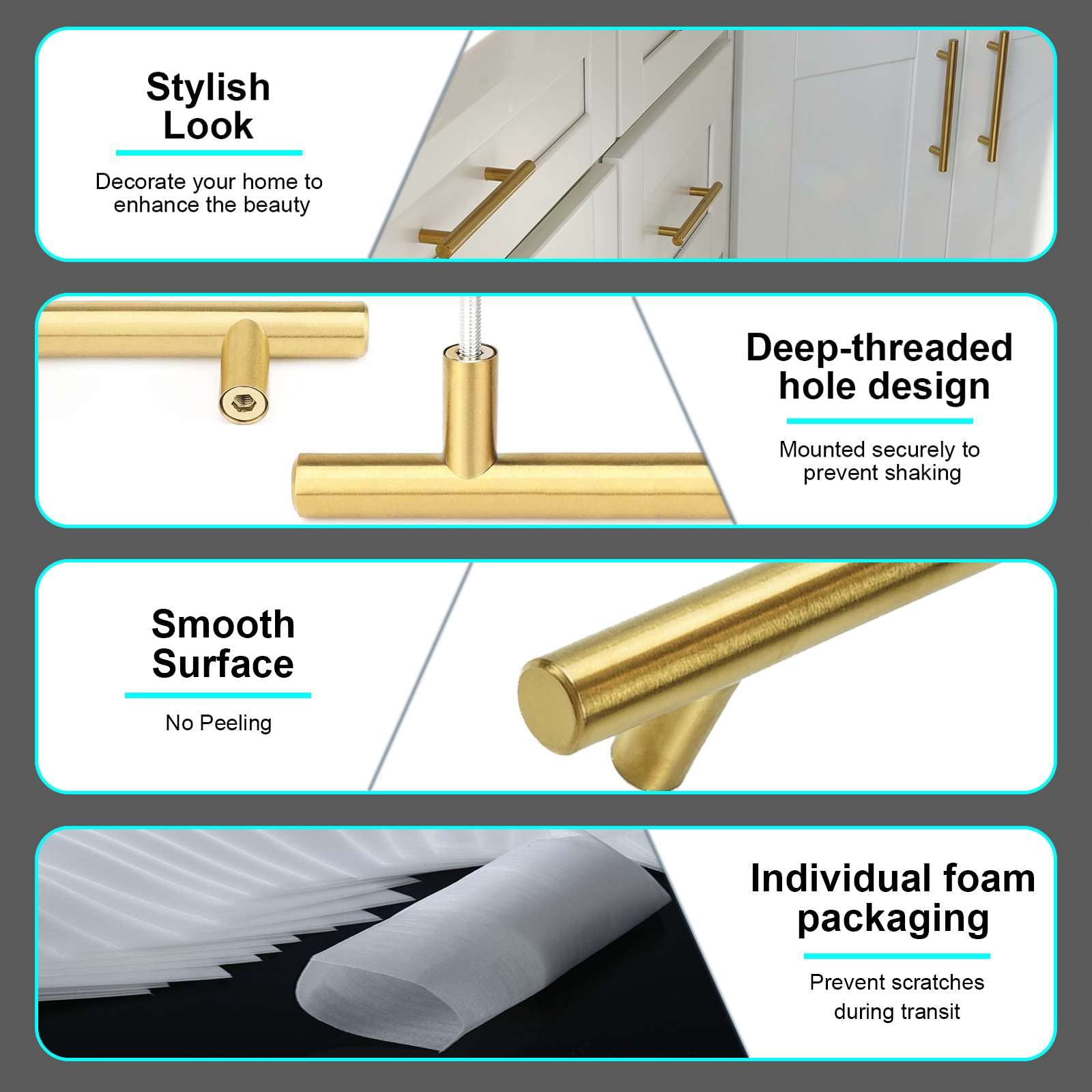 Stainless Steel Cabinet Handles 15 Pack - Brushed Gold for Kitchen & Bathroom