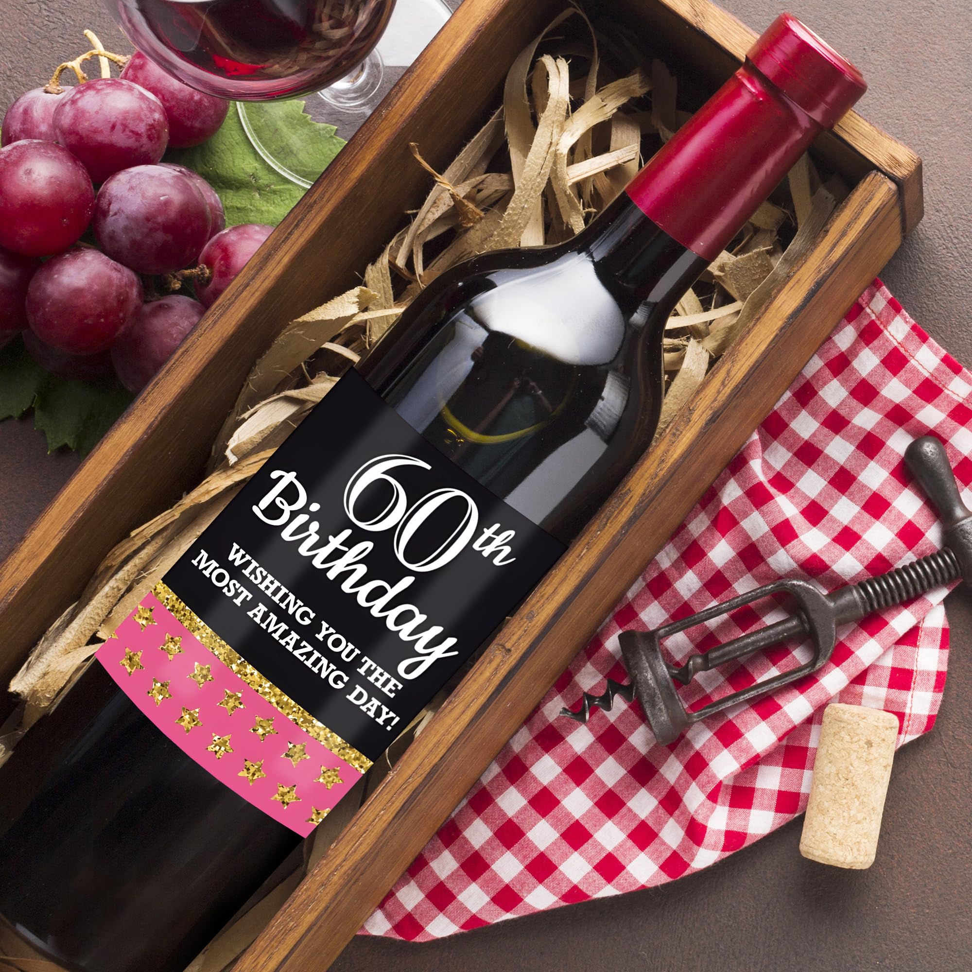 VIDELLY 12-Pack Custom 60th Birthday Wine Bottle Labels - Personalized Waterproof Stickers for Women, Black Gold & Pink Party Decor - Perfect for Milestone Celebrations, Retirement Gifts & Anniversary Parties