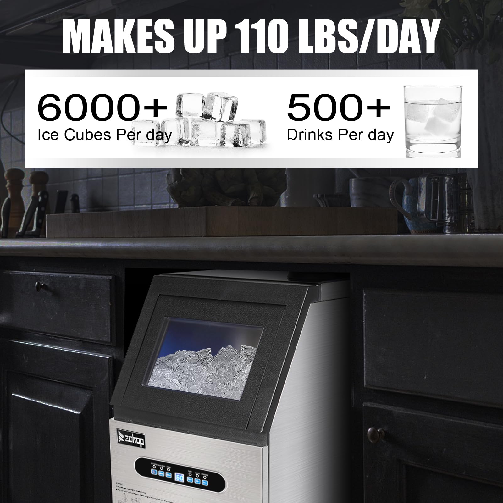 Winado 110LBS/24H Commercial Ice Maker Machine - Stainless Steel Freestanding Ice Maker with 24LBS Storage Bin & Auto Clean Function - Perfect for Home Kitchen, Restaurant, Bar, Hotel, Coffee Shop, and Store Use