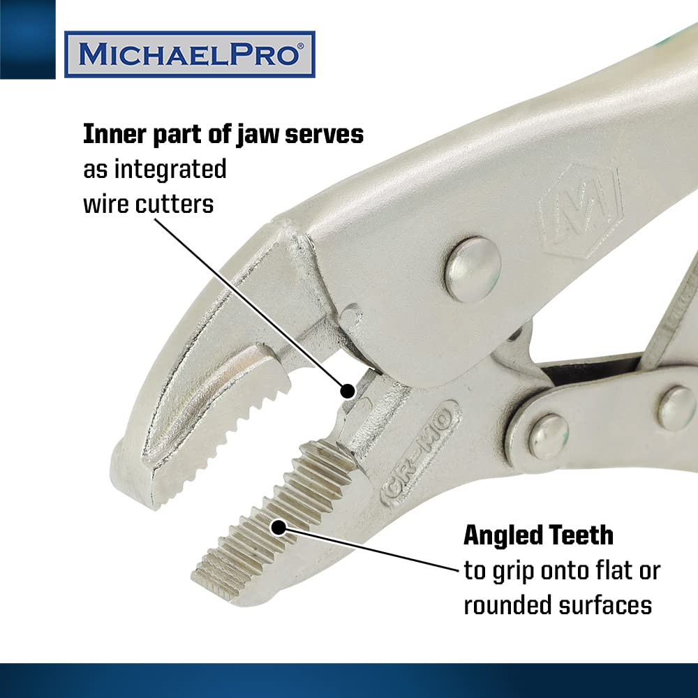 MichaelPro 10-Inch Locking Pliers with Wire Cutter - Adjustable Vise Grip Pliers with Angled Teeth for Secure Grip, Screw Pressure Mechanism & Trigger Release - Ideal for DIY, Automotive Repair, and Metalworking Projects