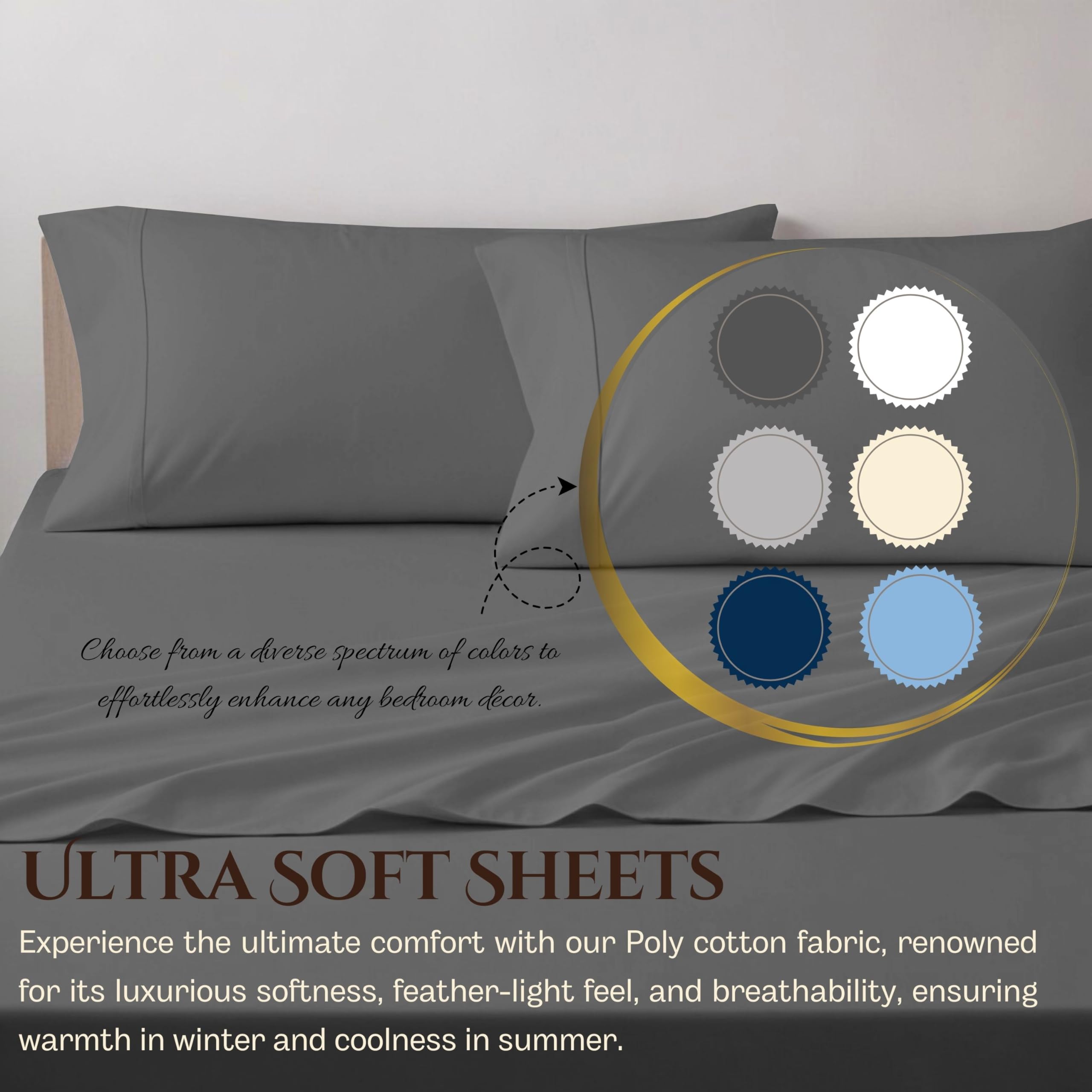Breathable & Cooling 4-Piece Twin XL Linen Sheet Set - Soft Polycotton Blend Bed Sheets in Dark Grey - Perfect for Hot Sleepers & Summer Nights