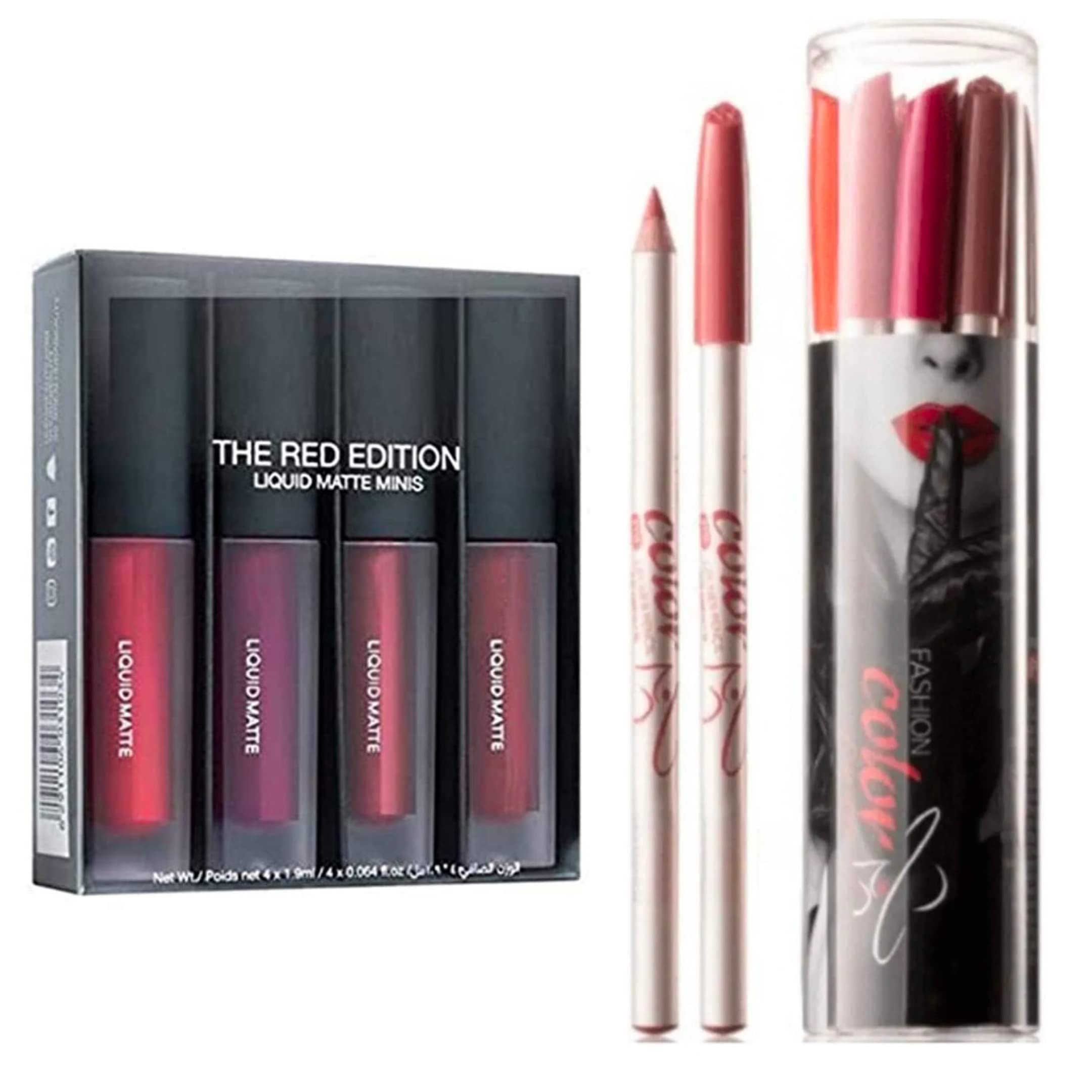 Huda Beauty Professional Waterproof Long-Lasting Matte Liquid Lipstick - The Red Edition + 12 Multicolor Lip Liner Pencils (2-Pack) | Perfect for Parties, Weddings & Everyday Glam
