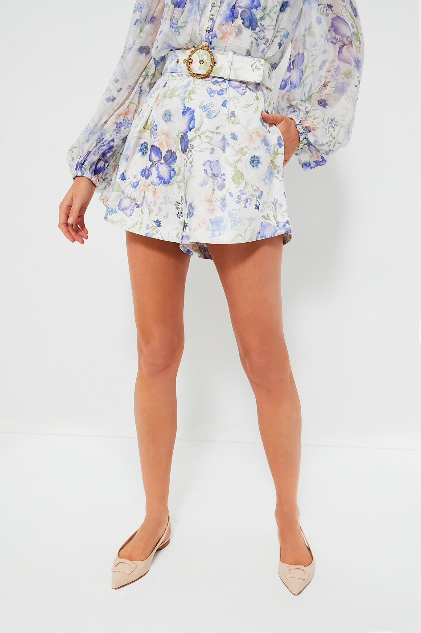Blue Floral Print Natural Tuck Shorts for Women - Comfortable Summer Casual Shorts for Garden, Beach, and Outdoor Activities