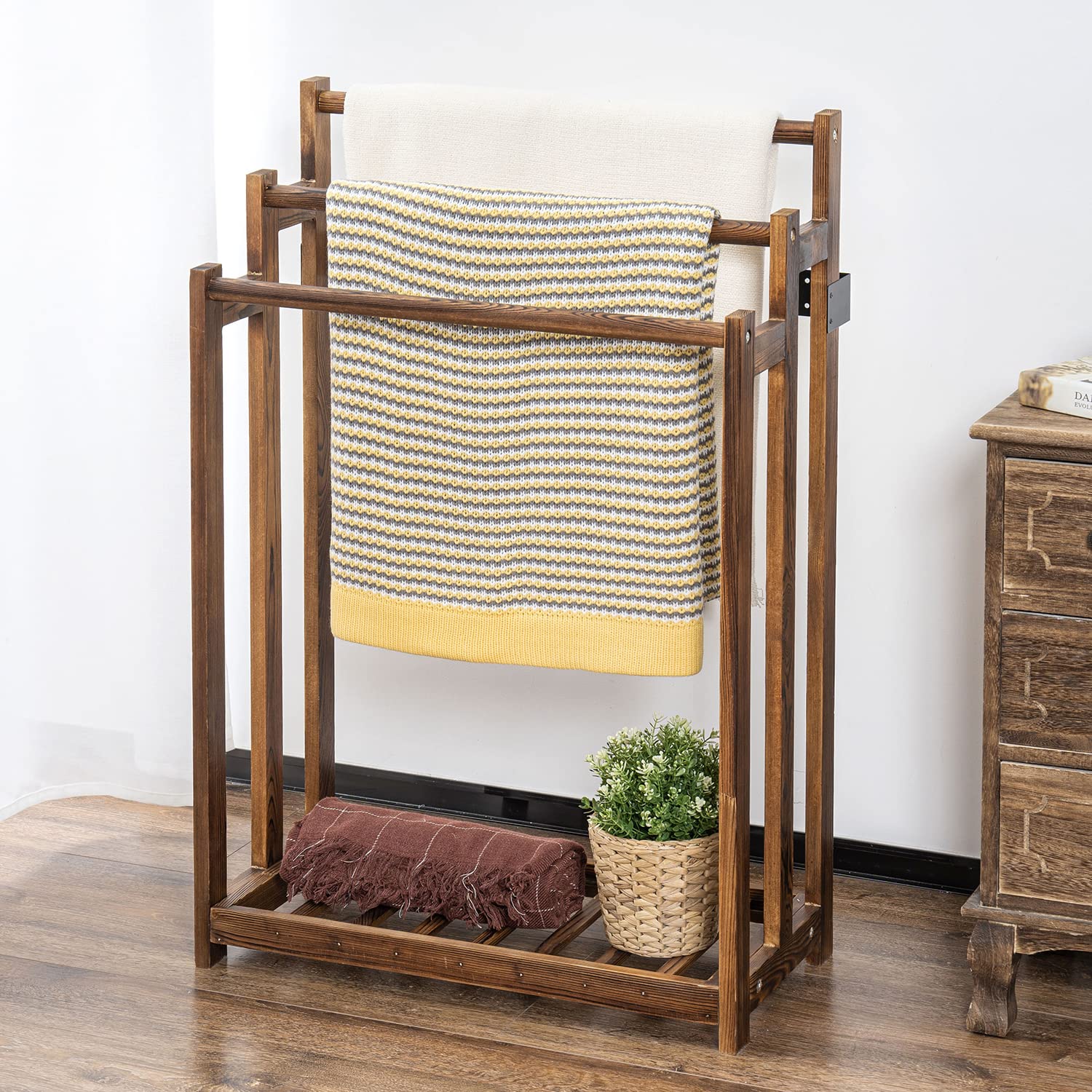 MyGift 3-Tier Freestanding Bathroom Towel Rack - Rustic Dark Brown Wooden Towel Holder with Storage Shelf | Space-Saving Drying Stand for Bath Towels, Robes & Linens | Perfect for Small Bathrooms, Laundry Rooms & Spa Areas