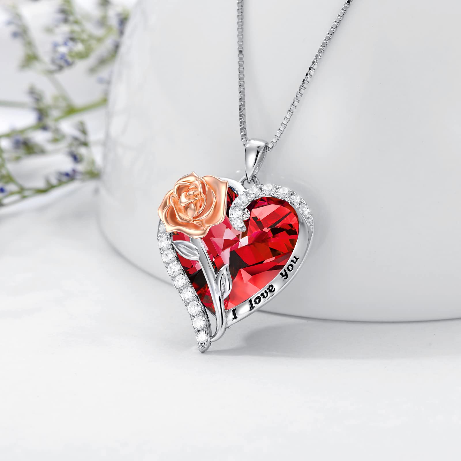 TOUPOP 925 Sterling Silver Rose Crystal Pendant Necklace - Heart Birthstone Jewelry for Women, Valentine's Day Gift for Her, Wife, Girlfriend, Mom | Anniversary, Birthday Present | Perfect for Romantic Occasions, Date Nights & Special Celebrations