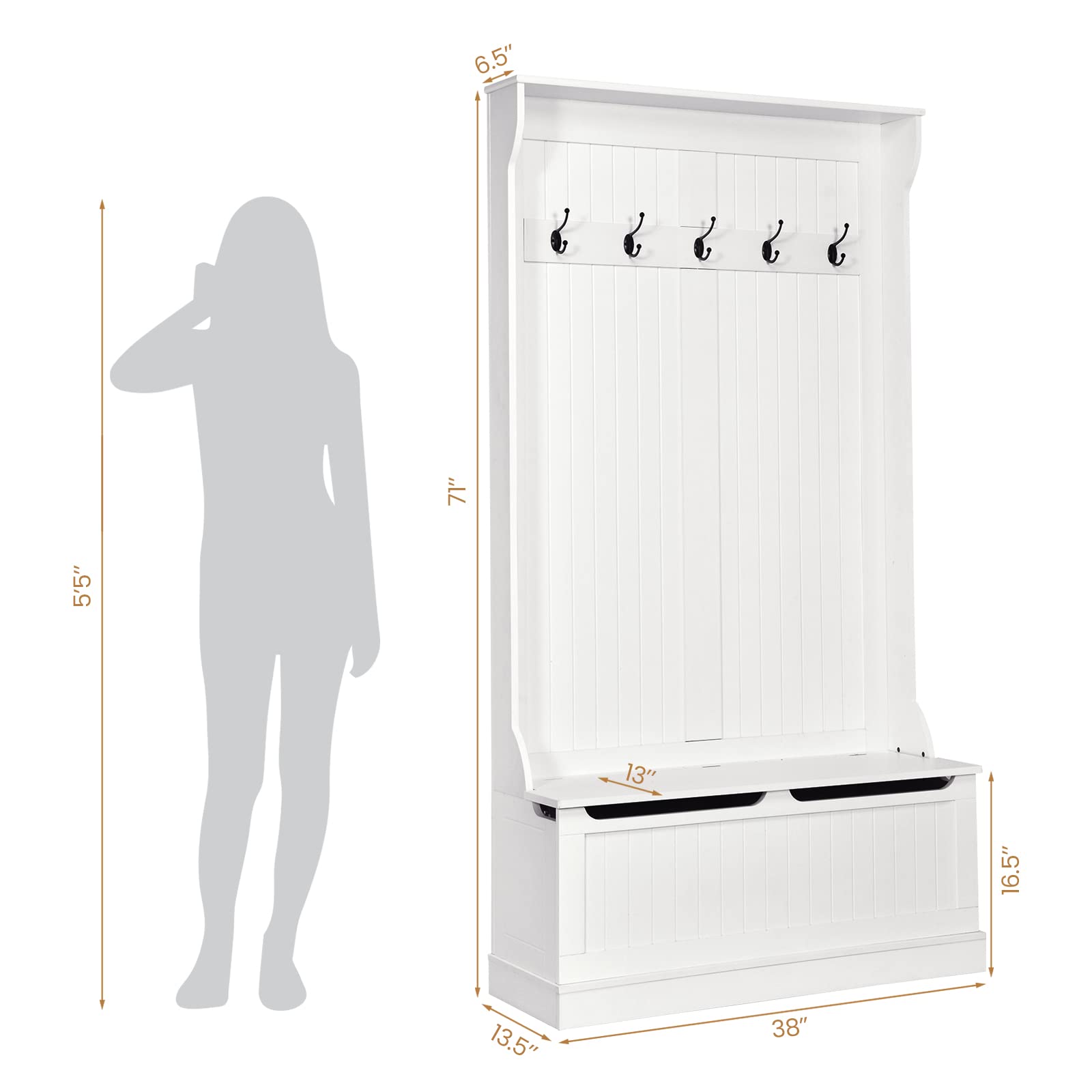 Tangkula 3-in-1 Entryway Storage Bench with Coat Rack - Wooden Hall Tree Bench with 5 Double Hooks, Anti-Tip Safety Strip & Under Seat Storage Organizer - Perfect for Entryway, Hallway, Bedroom or Mudroom Organization (White)